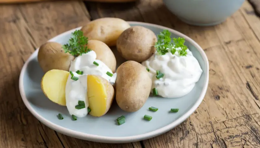 Gedämpfte Kartoffeln mit Kräuterquark und Schnittlauch, schnell in der Mikrowelle zubereitet.