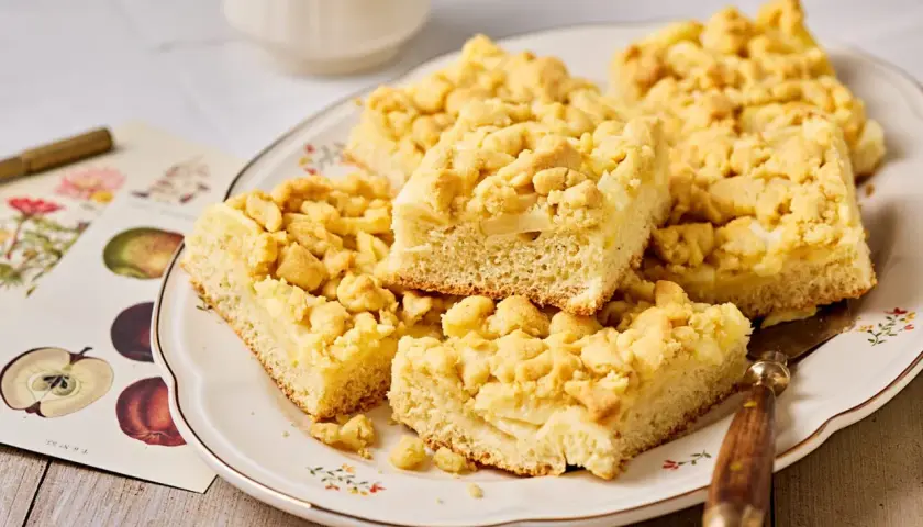 Saftiger Apfelkuchen vom Blech mit knuspriger Streuselhaube auf einem Teller, daneben botanische Apfelzeichnungen.