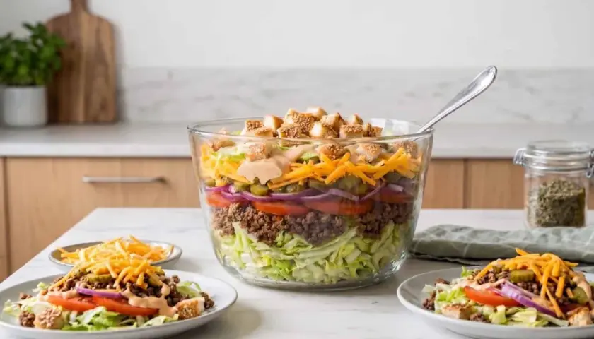 Schichtsalat im Big Mac Stil: knackiger Salat, Hackfleisch, Tomaten, Zwiebeln, Gurken, Käse und Croutons mit Sauce.