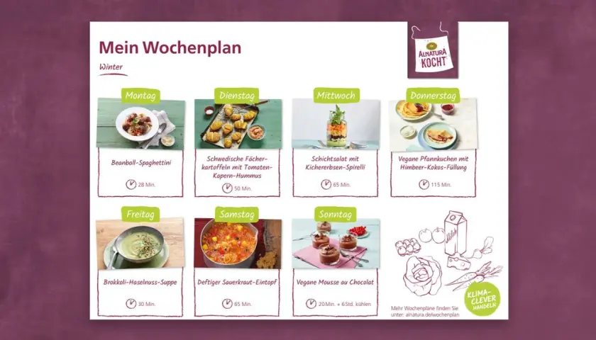 Wochenplan Essen für 2 Personen: Von Beanball-Spaghettini bis Vegane Mousse au Chocolat. Leckere Ideen für jeden Tag.