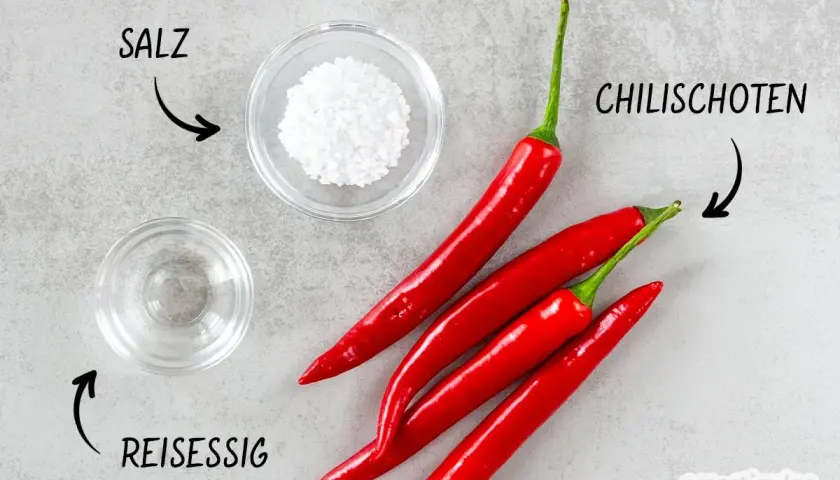 Zutaten für ein Sambal Oelek Rezept: rote Chilischoten, Salz und Reisessig.