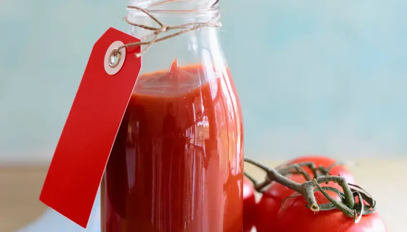 Glasflasche mit selbstgemachtem Tomatenketchup, rotem Anhänger und frischen Tomaten.