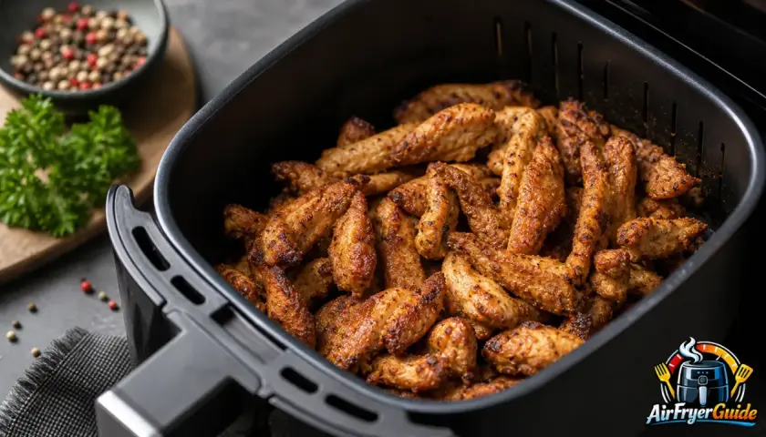 Leckeres Putengeschnetzeltes im Airfryer, goldbraun und saftig. Perfekt für eine schnelle Mahlzeit.