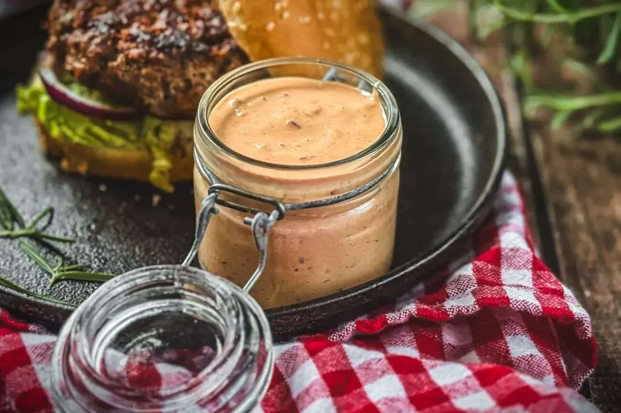Selbstgemachte Burgersauce im Glas, bereit für den perfekten Burger. Ein Genuss, der zeigt, wie einfach burgersauce selber machen sein kann.