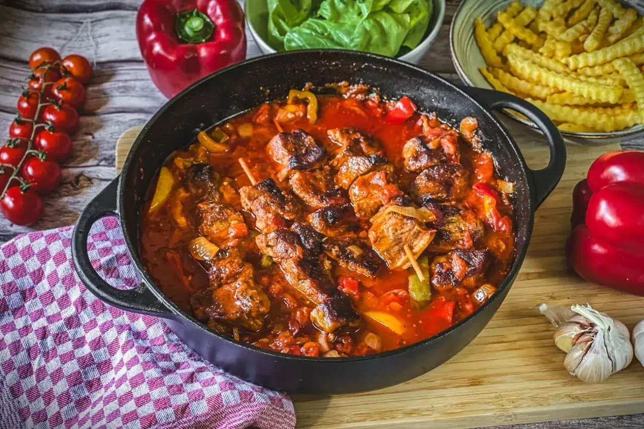 Herzhafter Schaschlik im Ofen ohne Anbraten, geschmort in Tomatensoße mit Paprika und Zwiebeln. Dazu Pommes und frische Tomaten.