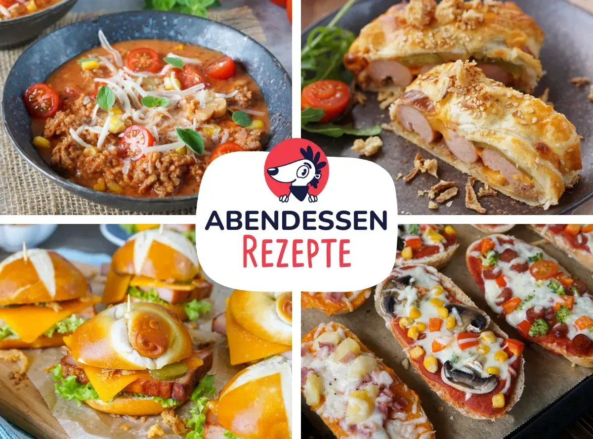 Leckere und schnelle Gerichte für dein Abendessen: herzhafte Suppe, Würstchen im Blätterteig, Mini-Burger und Pizzaschnecken.
