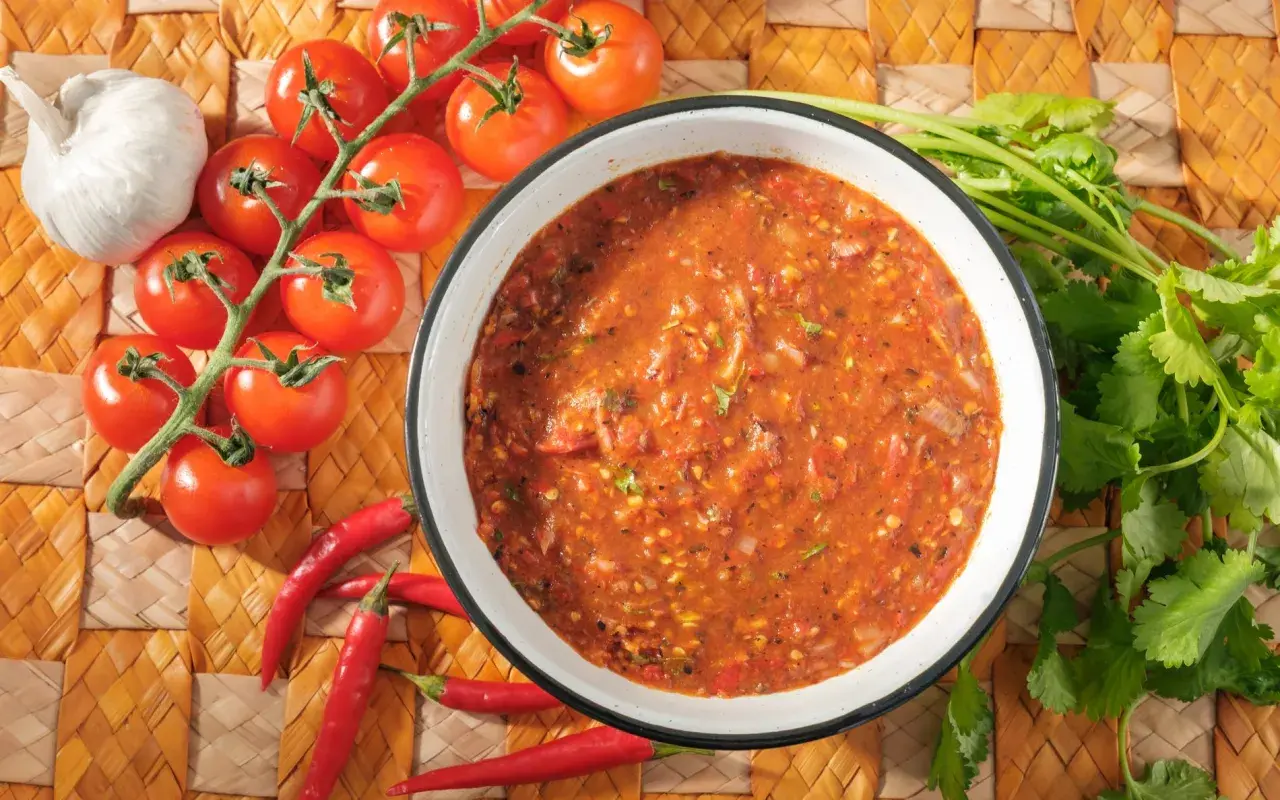 Schüssel mit würziger Salsa Brava, daneben frische Tomaten, Knoblauch und Chilischoten. Perfekt für Ihr nächstes salsa brava rezept!
