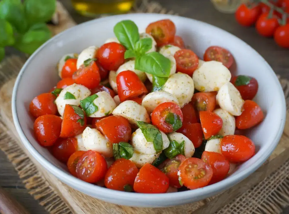 Ein frischer italienischer Salat mit Kirschtomaten, Mozzarella-Bällchen und Basilikumblättern, appetitlich in einer Schüssel angerichtet.