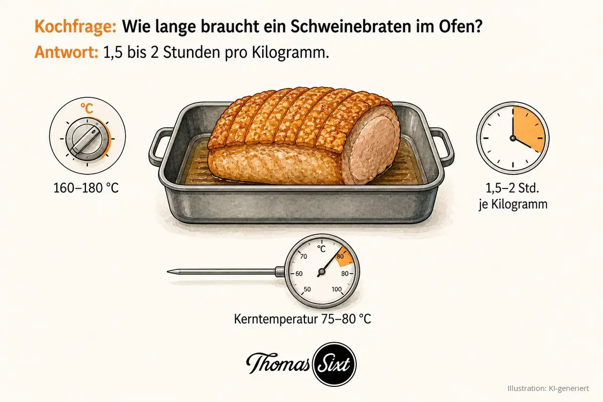 Ein saftiger Schweinebraten im Ofen: 1,5-2 Std. pro Kilogramm bei 160-180°C. Kerntemperatur 75-80°C.