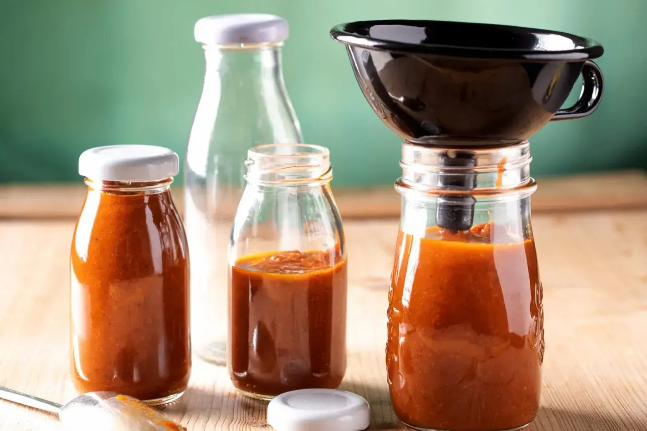 Selbstgemachter Ketchup wird in Gläser abgefüllt. Ein Trichter hilft beim Abfüllen für die Konservierung.