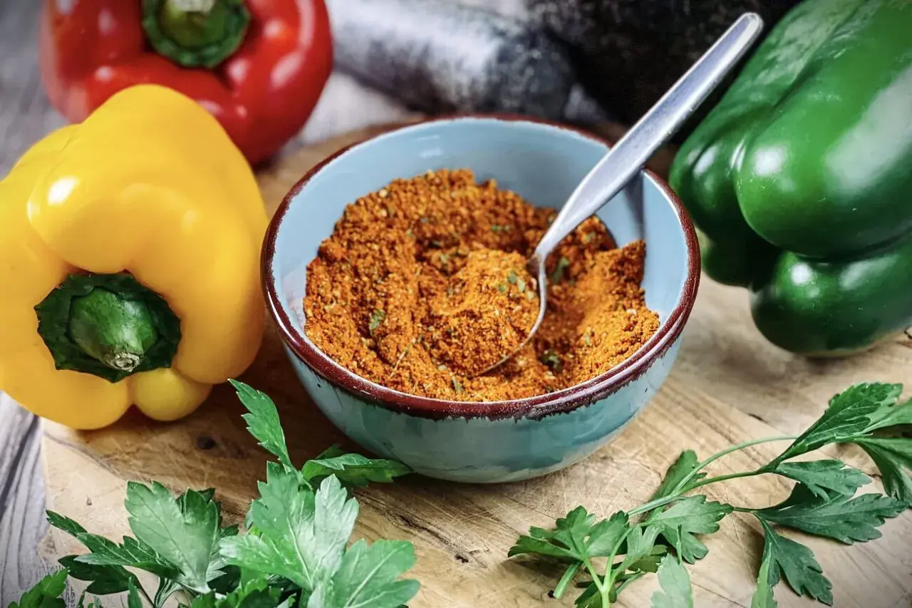 Schüssel mit Gewürzmischung, perfekt zum pul biber selbst mischen. Bunte Paprika und frische Petersilie liegen daneben.