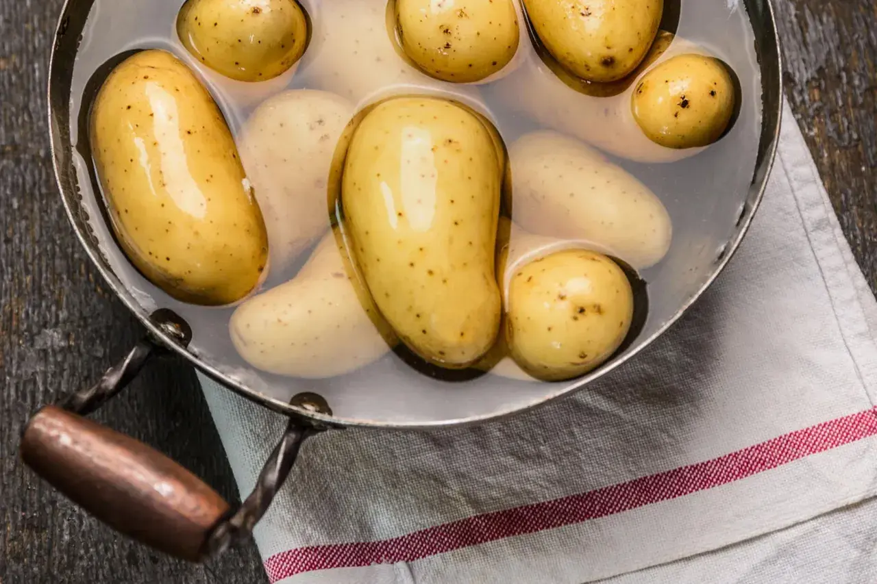 Kleine, festkochende Kartoffeln werden in einem Topf mit Wasser vorbereitet, um sie zu kochen.