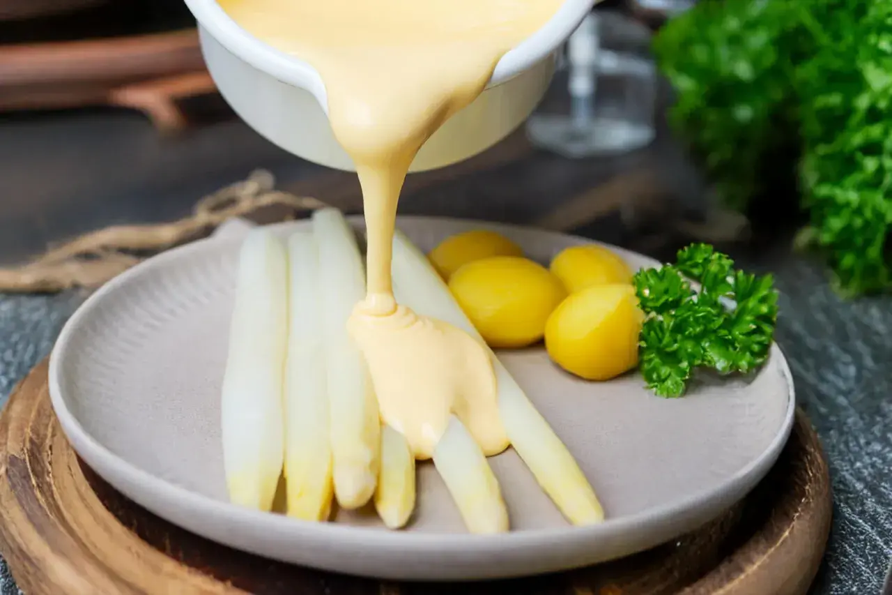 Weißer Spargel mit kleinen Kartoffeln und Petersilie, übergossen mit cremiger Sauce Hollandaise.