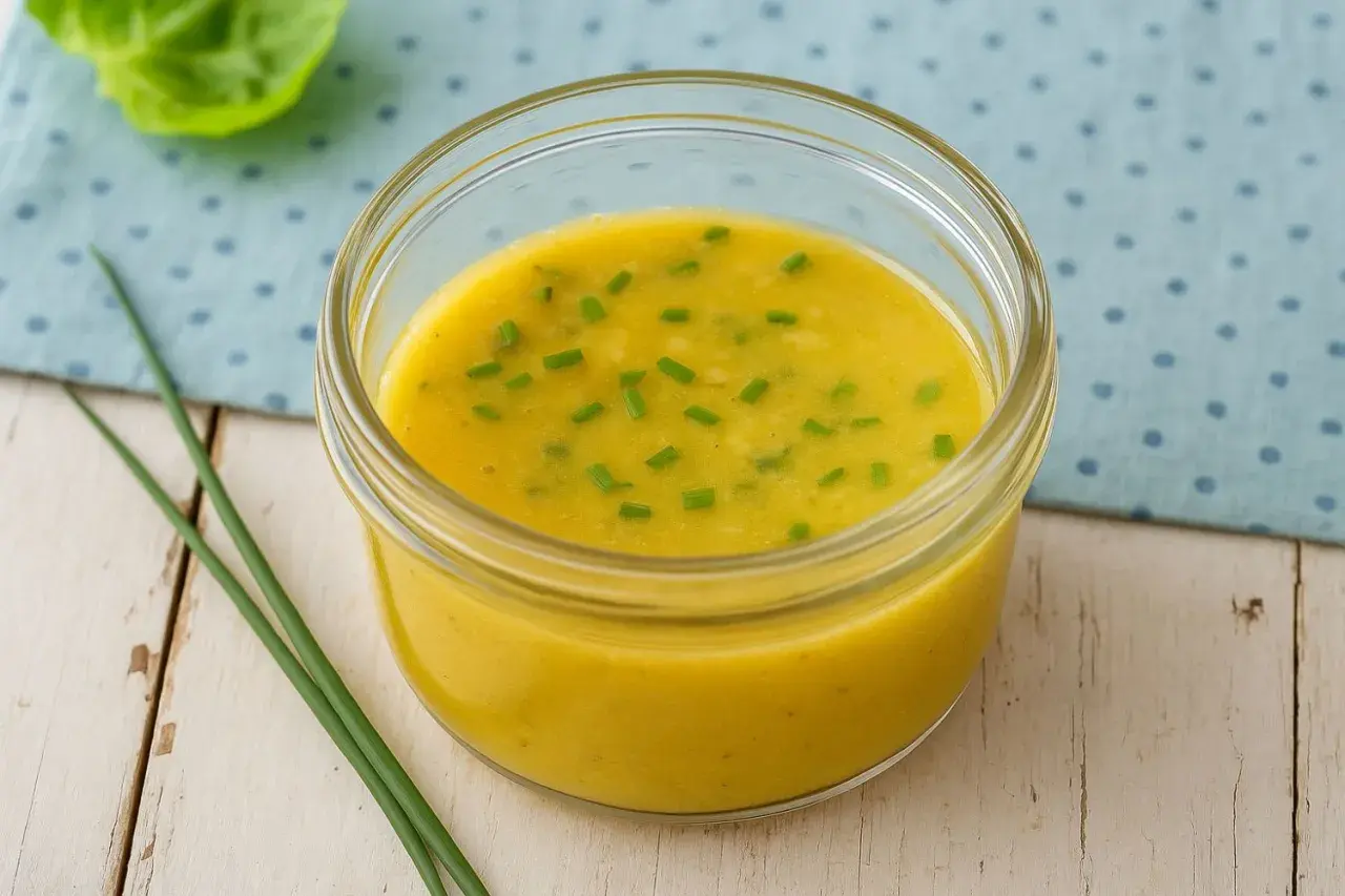 Ein Glas mit leckerem Honig-Senf-Dressing, garniert mit Schnittlauch. Perfekt für dein nächstes Salat-Rezept!
