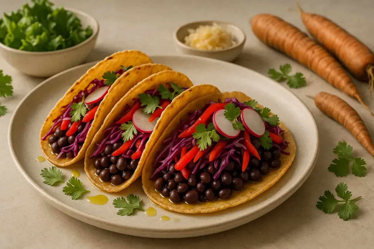 Drei bunte Tacos mit schwarzen Bohnen, Rotkohl, Radieschen und Koriander. Perfekt für schwarze bohnen rezepte!