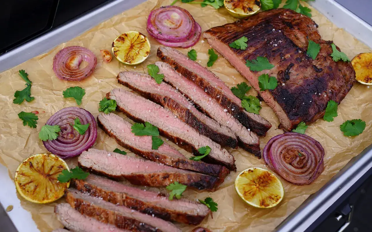 Saftiges bavette d'aloyau rezept: gegrilltes Steak, perfekt geschnitten, mit gerösteten Zwiebeln, Limetten und Koriander garniert.