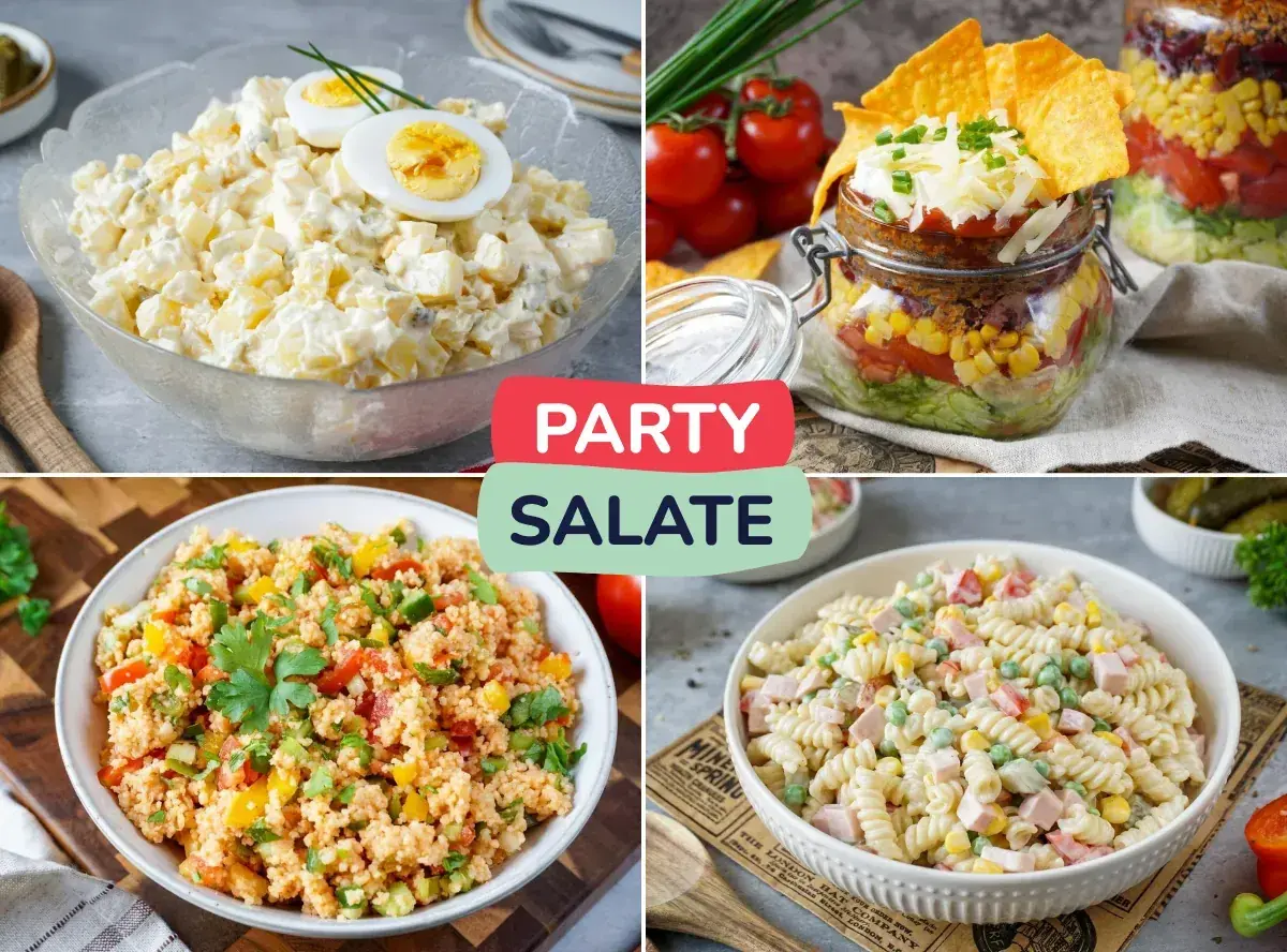 Vier bunte Salate für deine schneller salat party: Kartoffelsalat, Linsensalat, Nudelsalat und ein Salat im Glas.