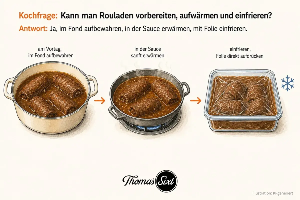 Rouladen vorbereiten tag vorher: im Fond aufbewahren, dann sanft erwärmen und einfrieren.