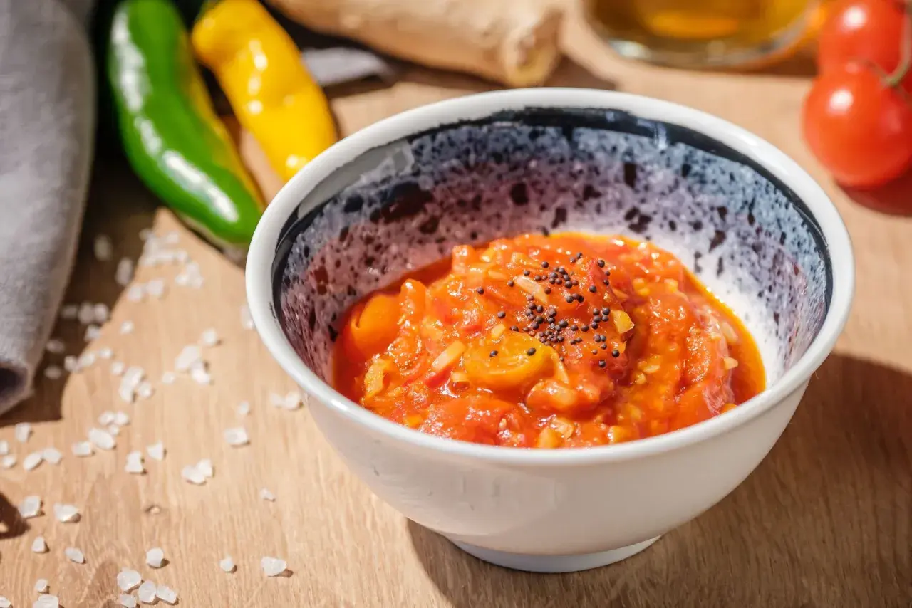 Schüssel mit würzigem Tomaten-Chutney, garniert mit Senfkörnern. Daneben liegen grüne und gelbe Chilis, perfekt für ein Tomaten-Chutney-Rezept.