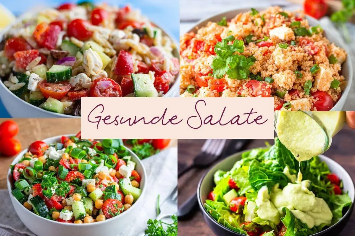 Vier bunte Salate, die als Hauptspeise dienen. Entdecke leckere Salat Rezepte für deine nächste Mahlzeit.