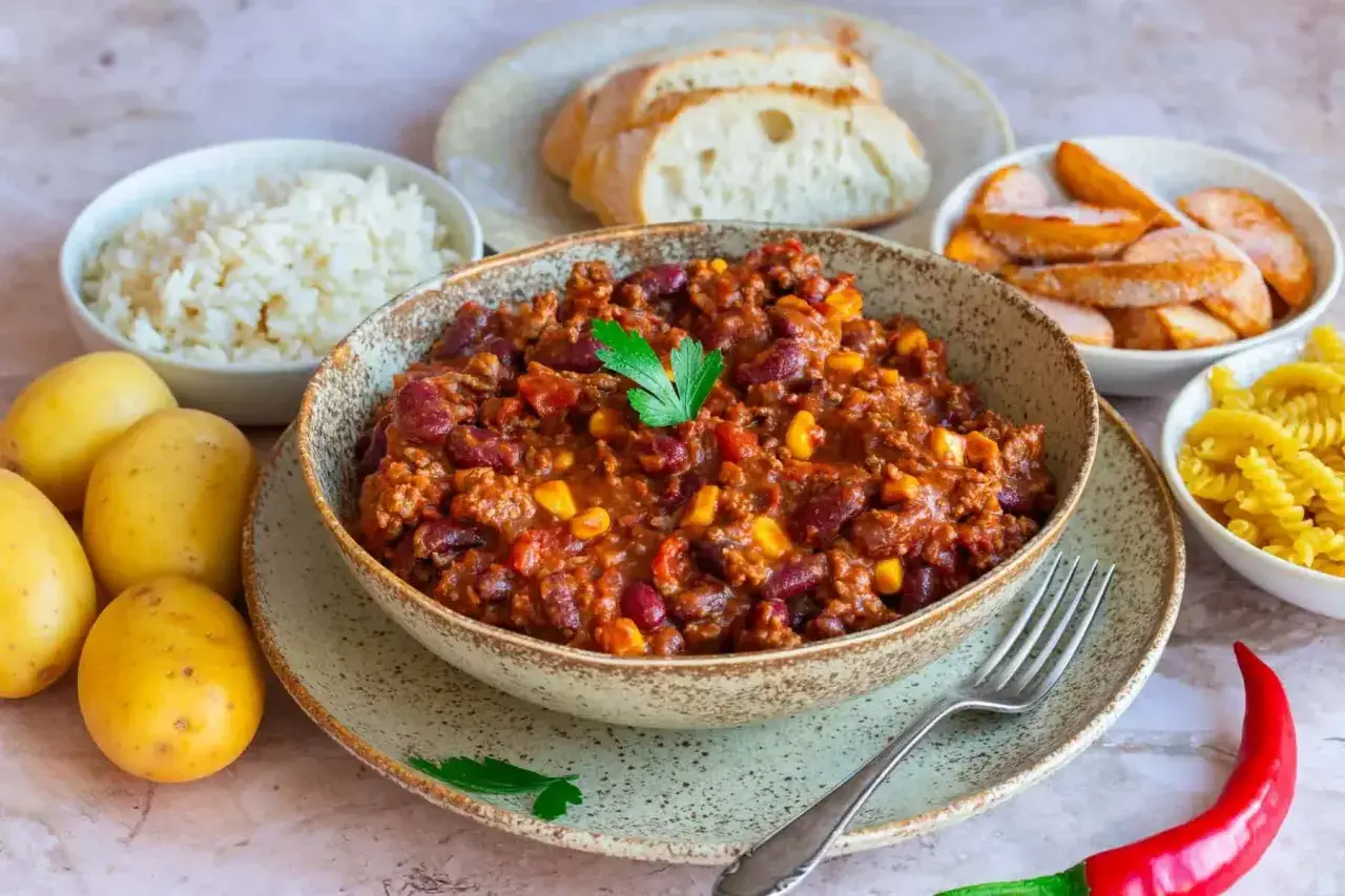 Herzhaftes Chili con Carne als Beilage, serviert mit Reis, Brot, Kartoffeln und Nudeln. Ein Festmahl!