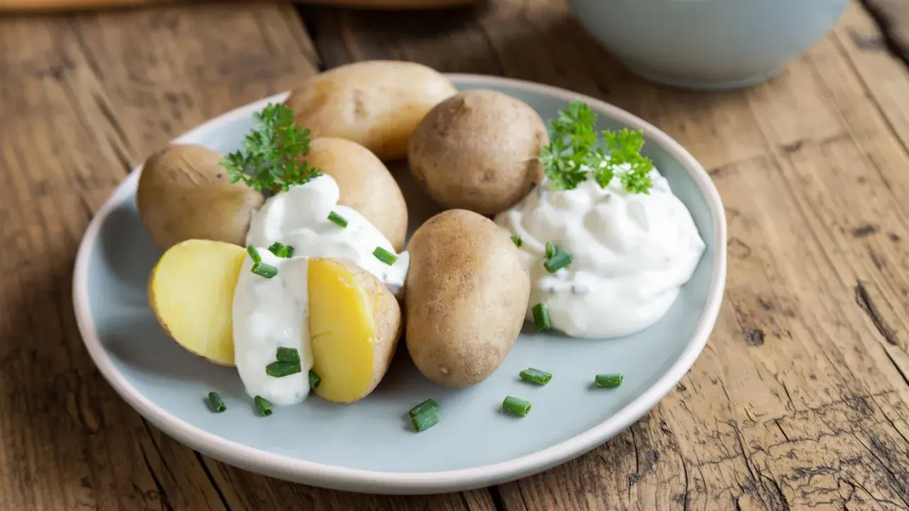 Gedämpfte Kartoffeln mit Kräuterquark und Schnittlauch, schnell in der Mikrowelle zubereitet.