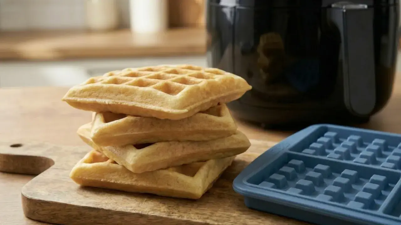 Frisch gebackene Waffeln im Airfryer gestapelt, daneben eine blaue Waffelform und ein Airfryer.