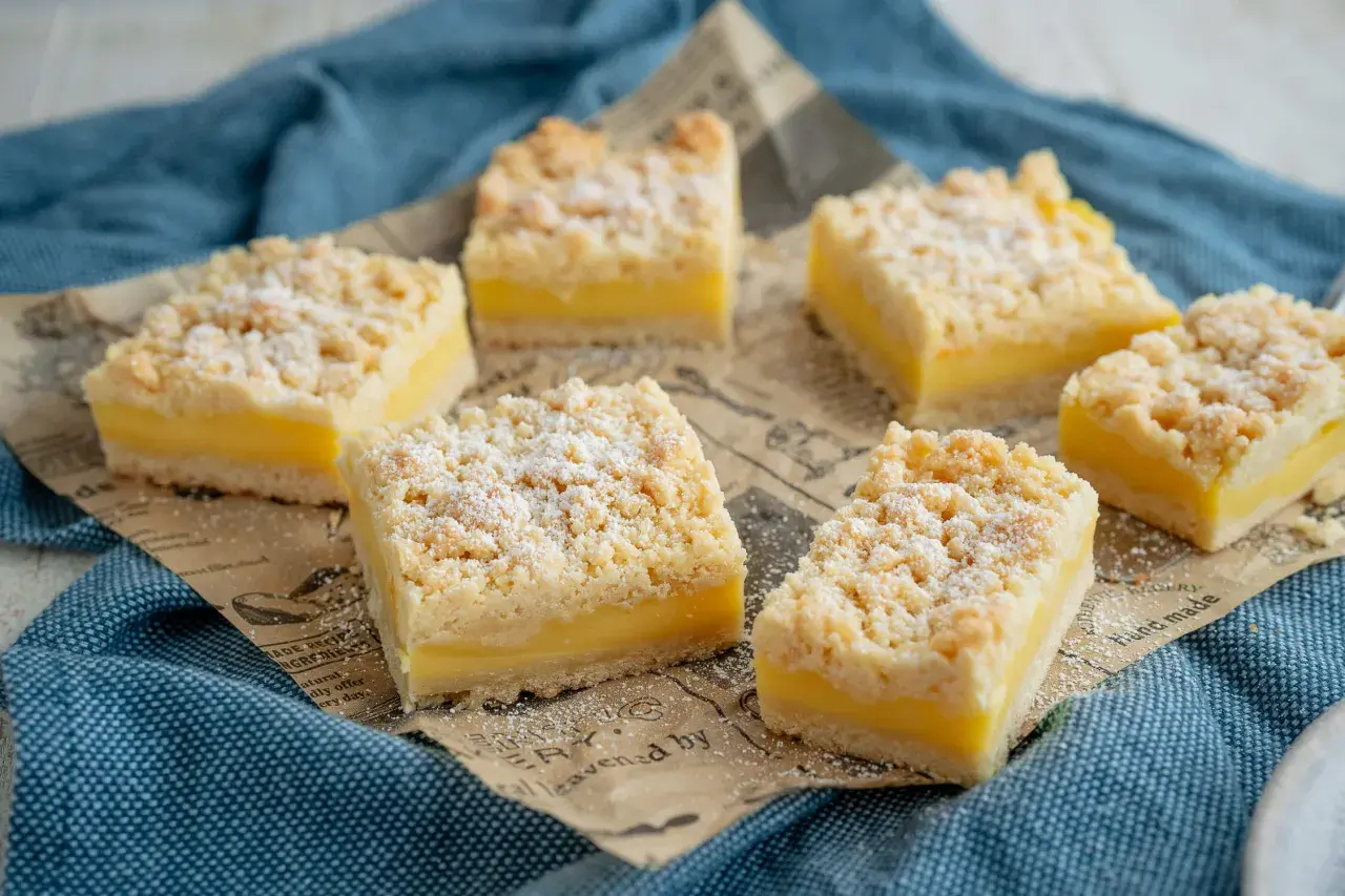 Sechs rechteckige Kuchenstücke mit gelber Füllung und knusprigen Streuseln. Boden und Streusel sind aus dem gleichen Teig, wie bei einem klassischen Streuselkuchen.