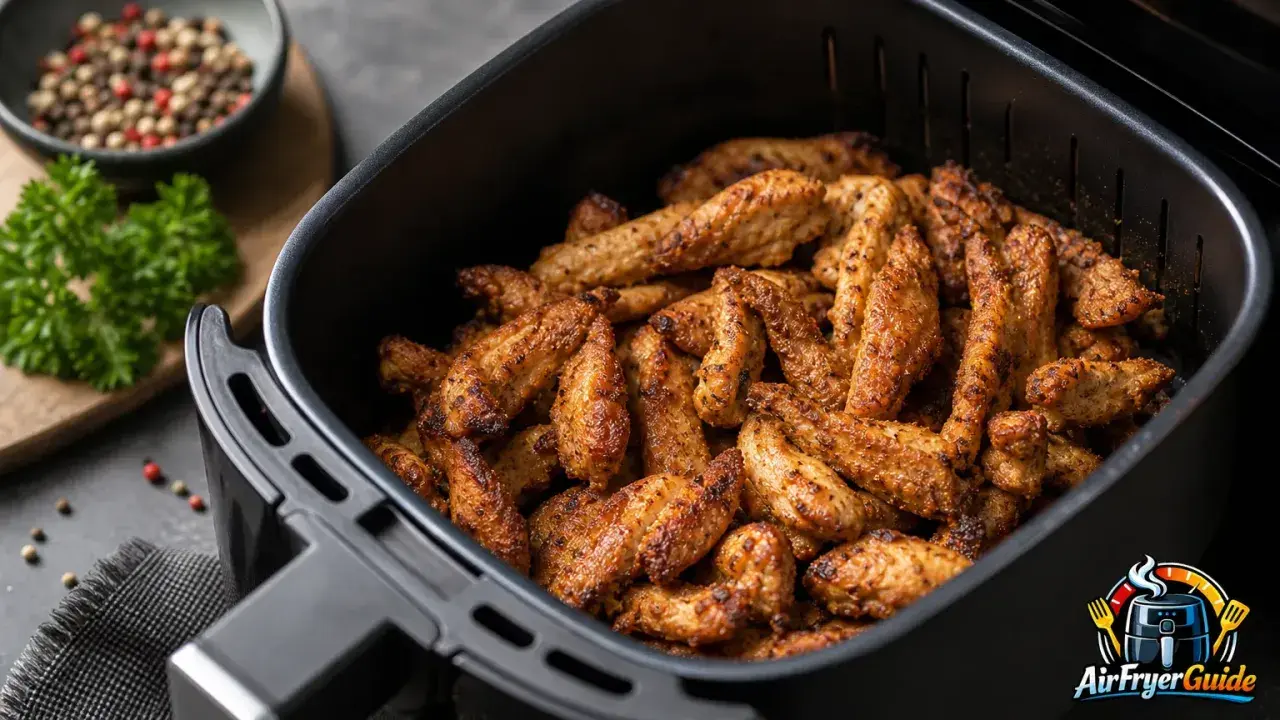 Leckeres Putengeschnetzeltes im Airfryer, goldbraun und saftig. Perfekt für eine schnelle Mahlzeit.