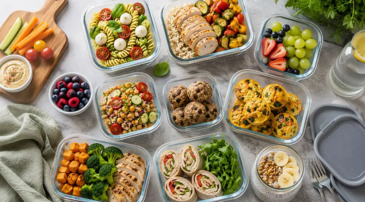 Vielfältige meal prep rezepte in Glasbehältern: Hähnchen, Gemüse, Obst, Müsli, Wraps und Muffins für gesunde Mahlzeiten.
