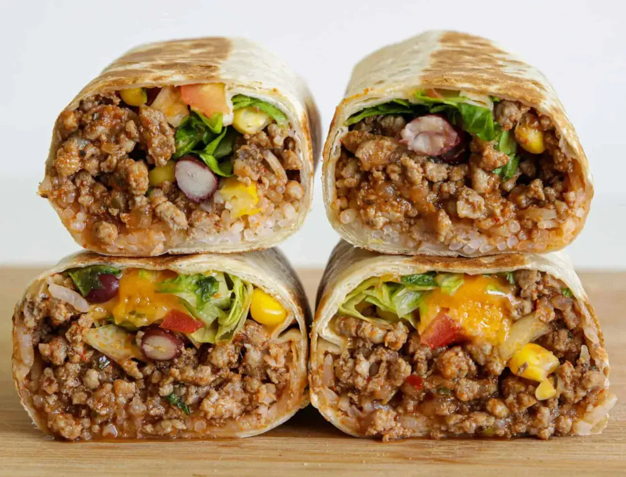Vier saftige wraps mit hackfleisch, Reis, Bohnen, Mais, Salat und Tomaten, gestapelt auf einem Holzbrett.