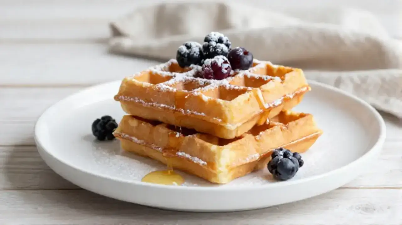 Zwei goldbraune Waffeln im Airfryer, best&auml;ubt mit Puderzucker und garniert mit Beeren und Sirup.