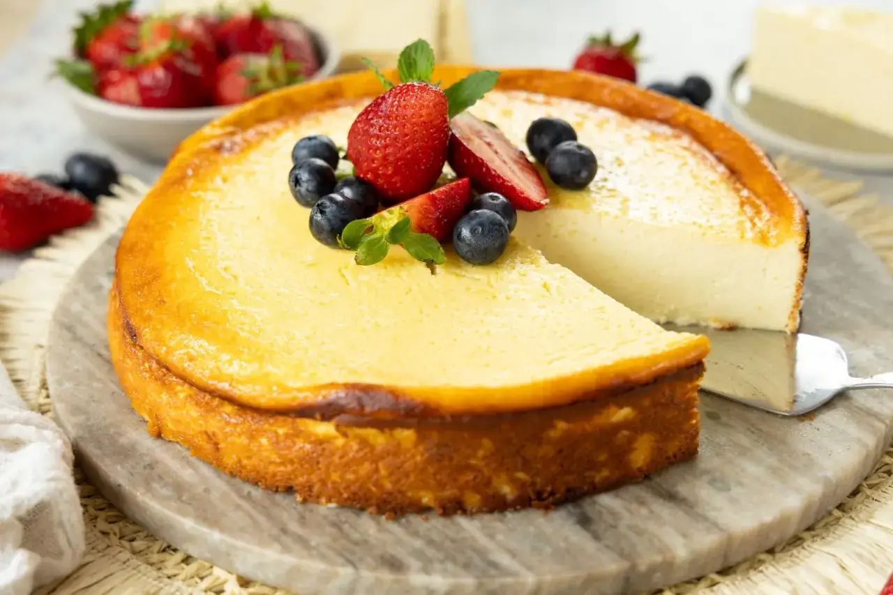Leckerer Protein Cheesecake aus Magerquark, garniert mit frischen Beeren und Minze. Ein Genuss für Figurbewusste!