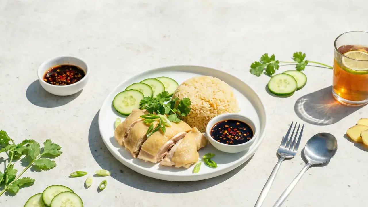 Ein Teller mit saftigem Hainanese Chicken Rice, garniert mit Gurkenscheiben und Koriander. Dazu gibt es eine w&uuml;rzige So&szlig;e und ein erfrischendes Getr&auml;nk.