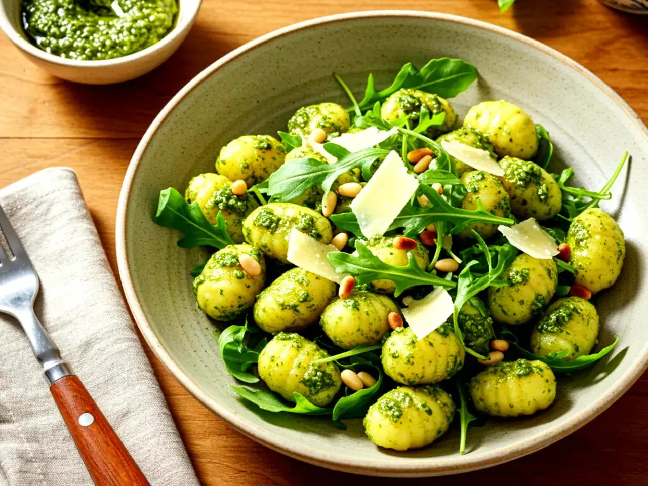 Ein köstlicher Gnocchi Salat mit Pesto, garniert mit Pinienkernen und Parmesan.