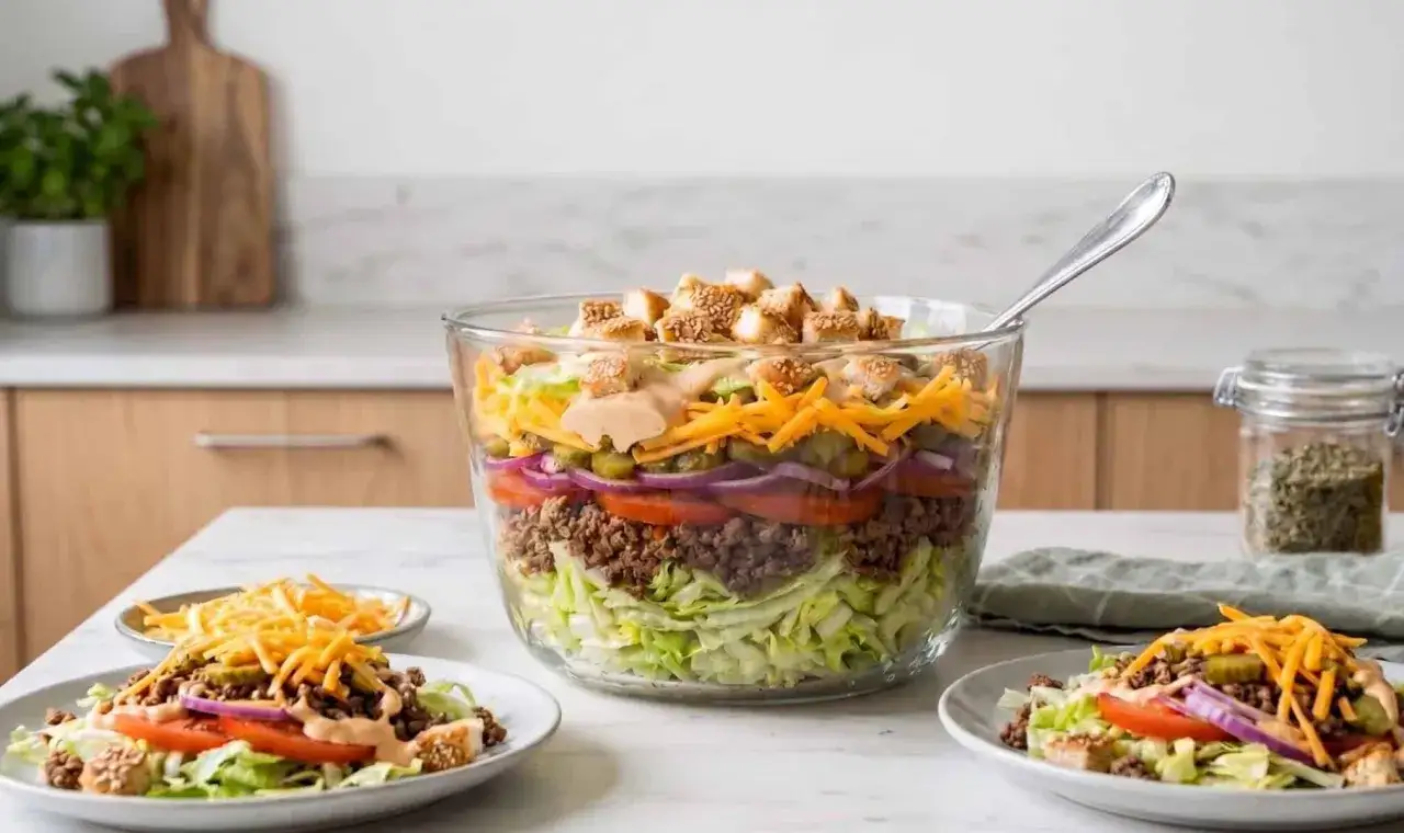 Schichtsalat im Big Mac Stil: knackiger Salat, Hackfleisch, Tomaten, Zwiebeln, Gurken, K&auml;se und Croutons mit Sauce.