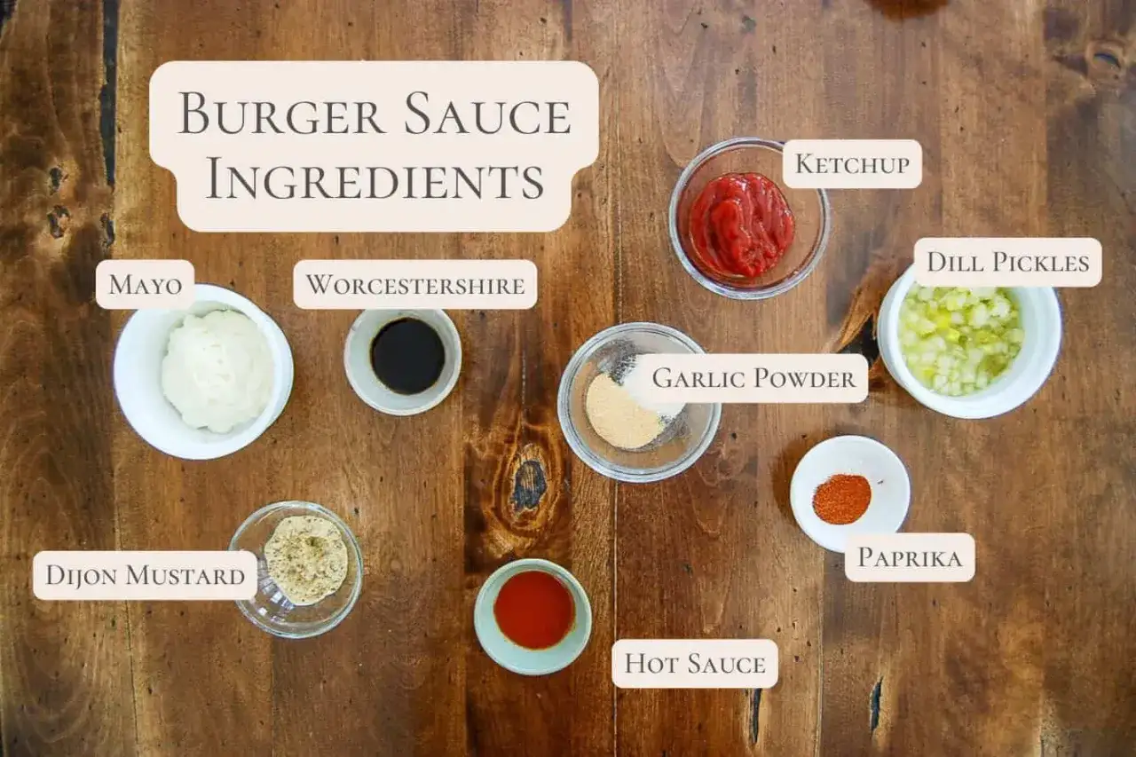 Zutaten f&uuml;r burgersauce selber machen: Mayo, Ketchup, Dill Pickles, Senf, Knoblauchpulver, Paprika, Worcestershire und Hot Sauce.