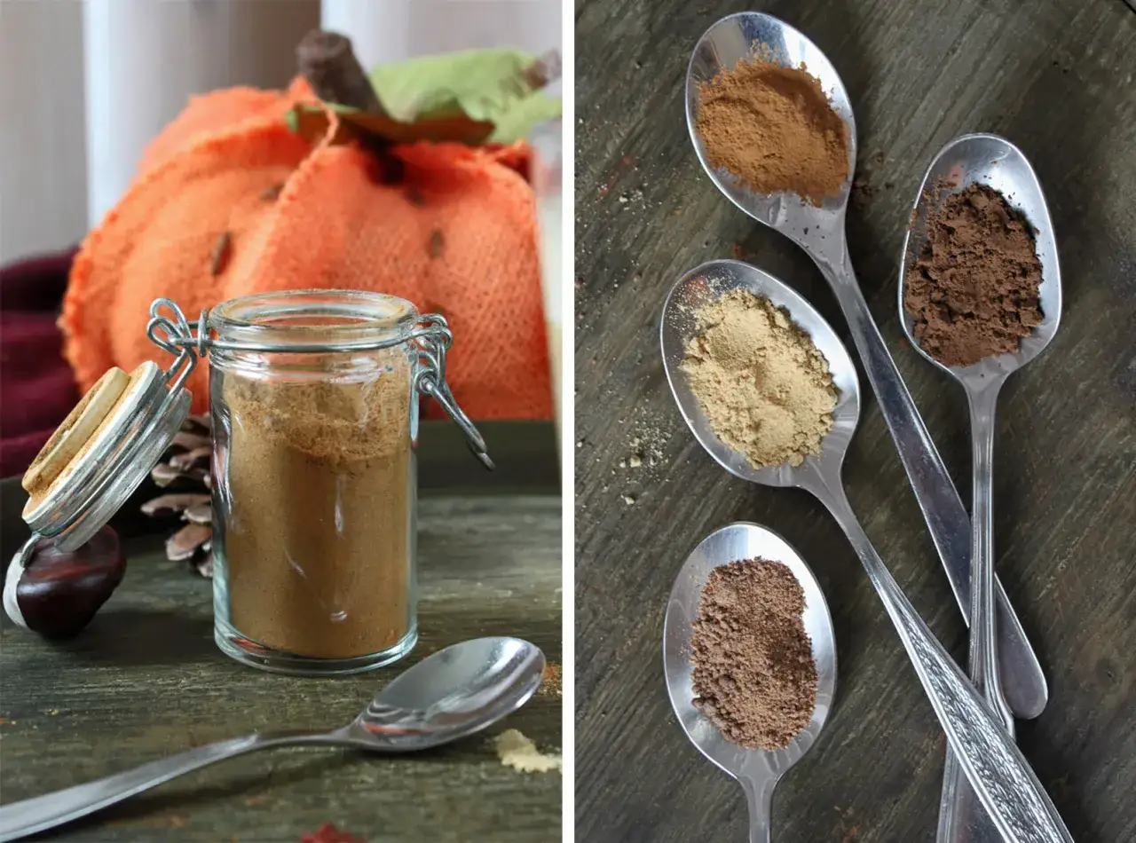 Glas mit Gew&uuml;rzmischung zum Pumpkin Spice Latte selber machen. L&ouml;ffel mit Zimt, Ingwer und Muskatnuss.