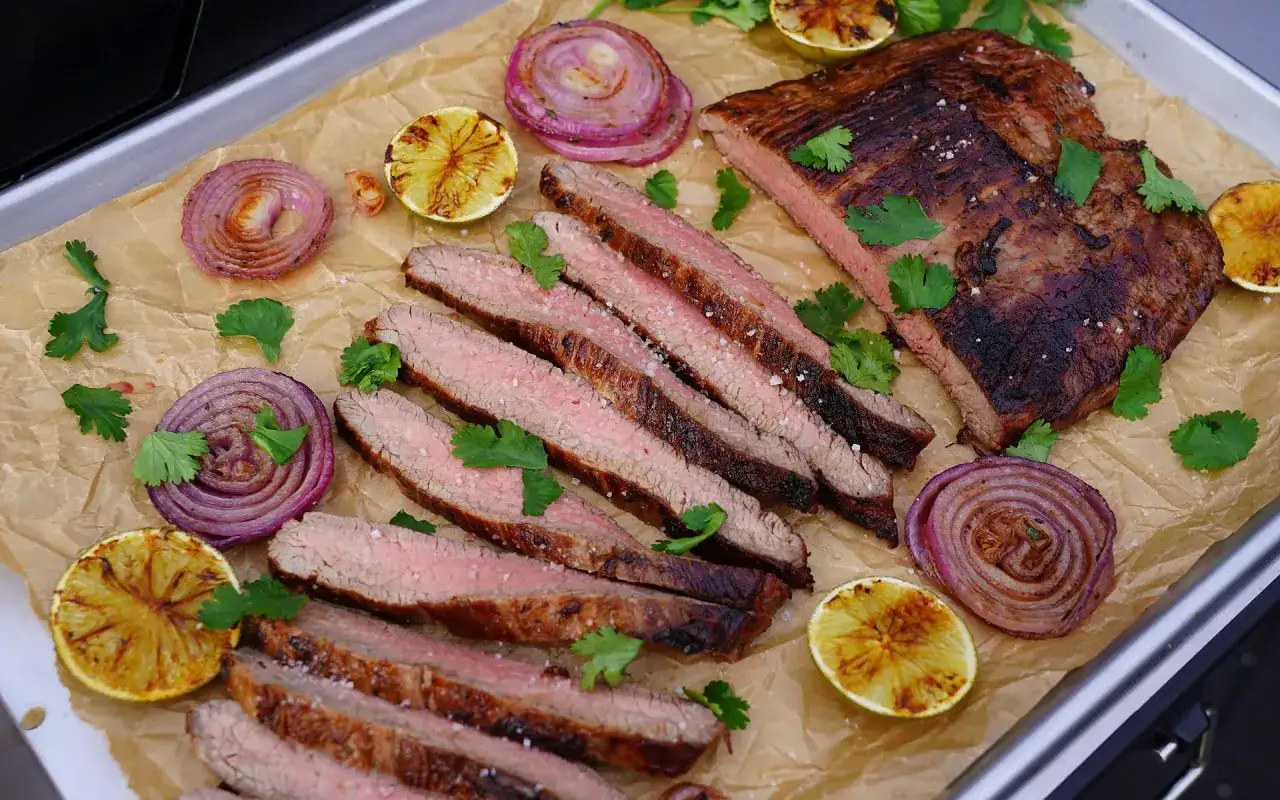 Saftiges bavette d'aloyau rezept: gegrilltes Steak, karamellisierte Zwiebeln, Limettenspalten und Koriander auf Backpapier.