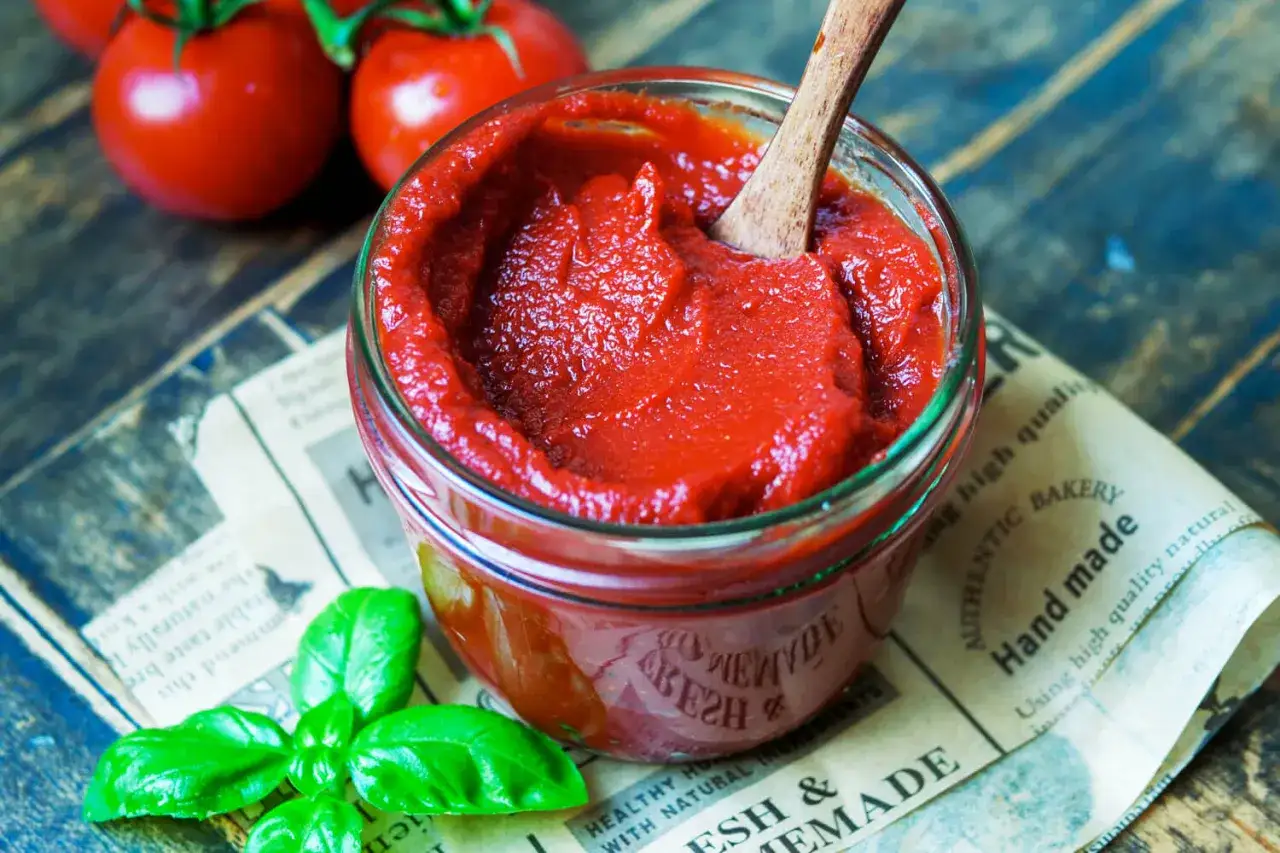 Glas mit selbstgemachtem Ketchup aus Tomatenmark, daneben frische Tomaten und Basilikum.