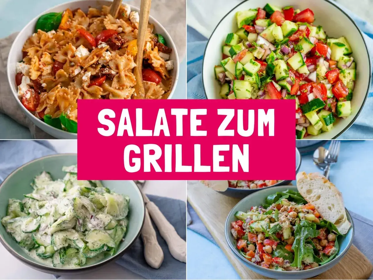 Vier leckere Salat-Rezepte für den Grill: Nudel-, Gurken- und Tomatensalate. Perfekt für den Sommer!
