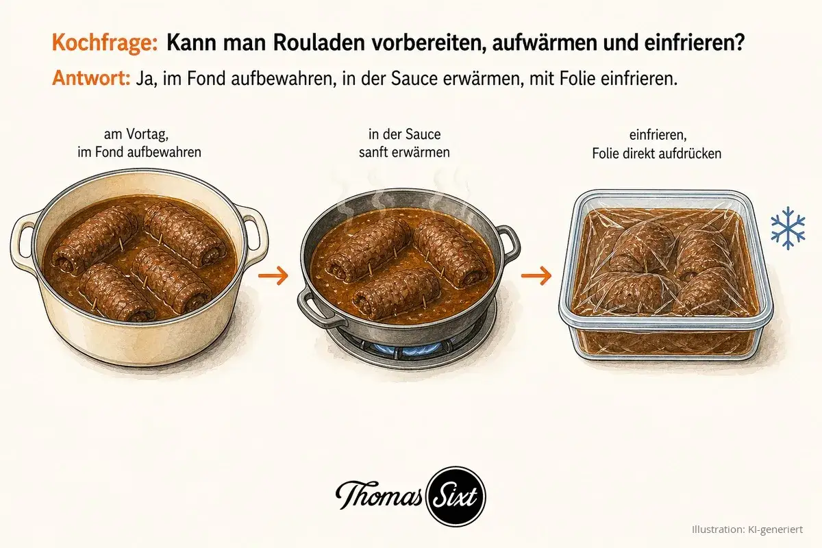 Rouladen vorbereiten tag vorher: im Fond aufbewahren, dann sanft in Sauce erwärmen und einfrieren.