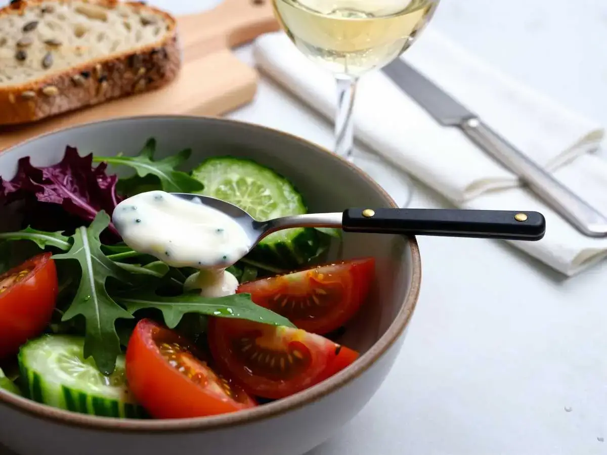 Frischer Salat mit Tomaten, Gurken und einem L&ouml;ffel cremigen Joghurt-Dressing, das man einfach selber machen kann. Dazu Brot und Wein.