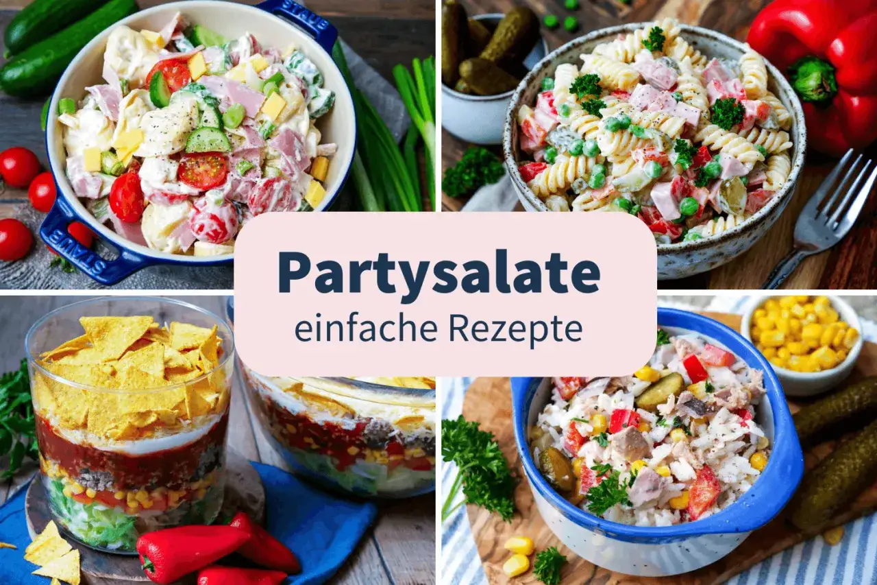 Vorbereitete Partysalate: Cremige Nudel- und Kartoffelsalate, Schichtsalat mit Tortilla-Chips und Reis-Salat. Perfekt zum Vorbereiten am Vortag!