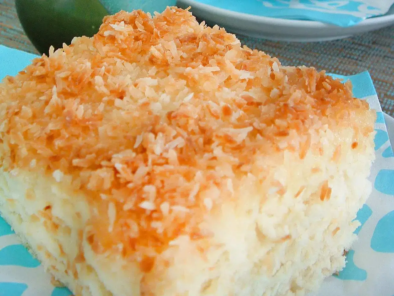 Ein Stück saftiger Kokos Buttermilch Kuchen, bestreut mit gerösteten Kokosraspeln.