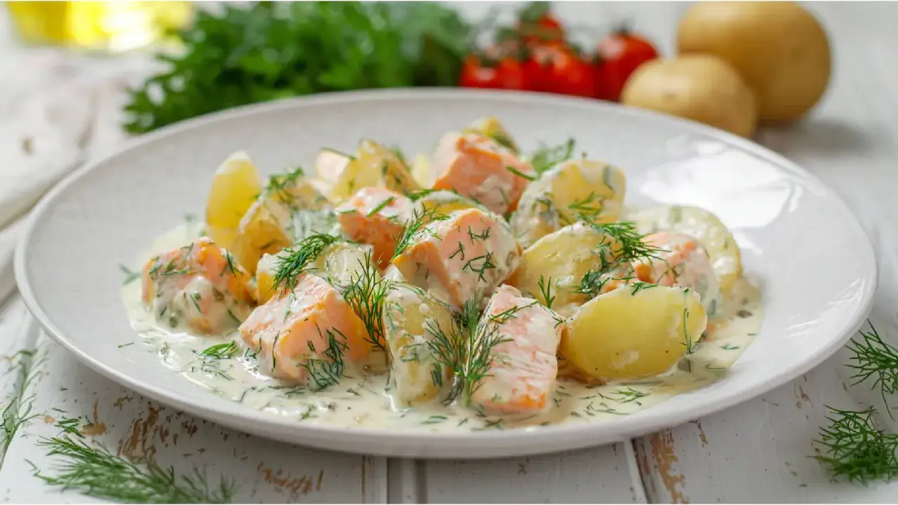 Lachs und Kartoffeln in cremiger Dillsoße, garniert mit frischem Dill. Ein köstliches Gericht, das Lust auf mehr macht.