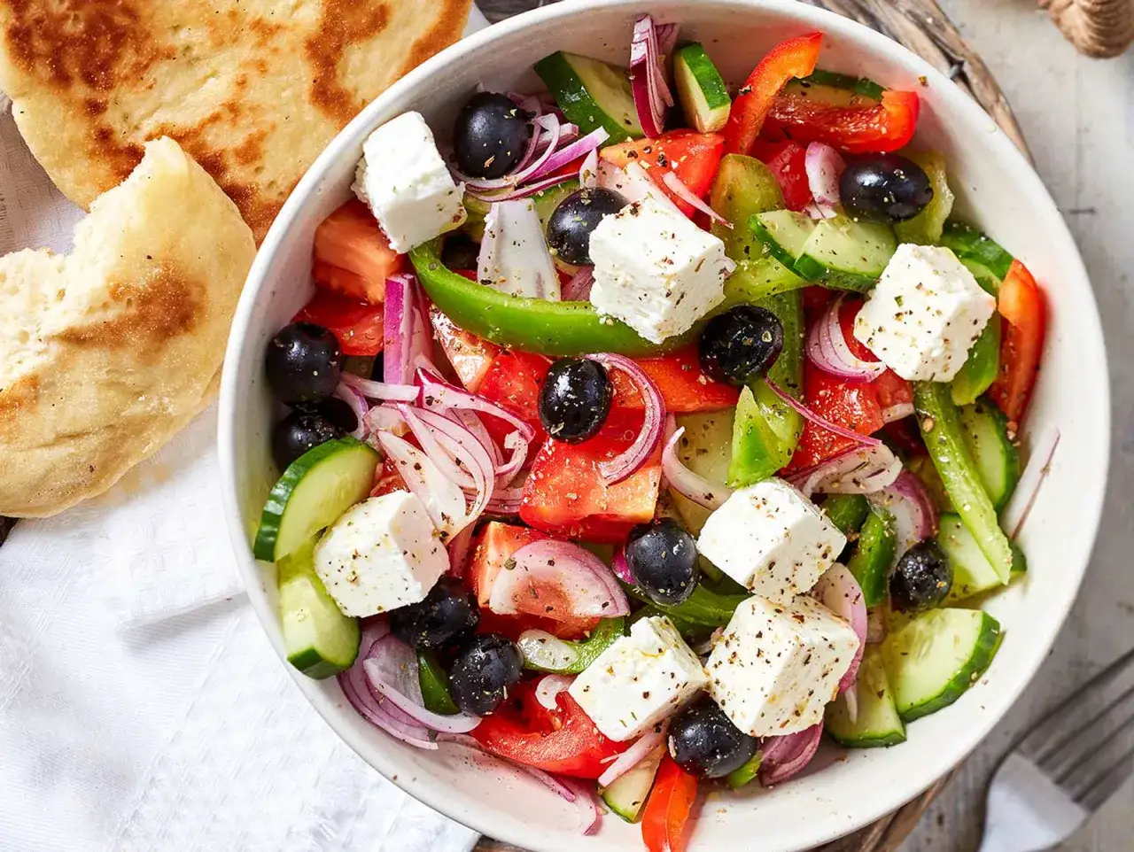 Frischer griechischer Bauernsalat mit Feta, Oliven, Tomaten, Gurken und Paprika. Perfekt für ein leichtes Mittagessen oder als Beilage. Hier ist das griechischer bauernsalat rezept.