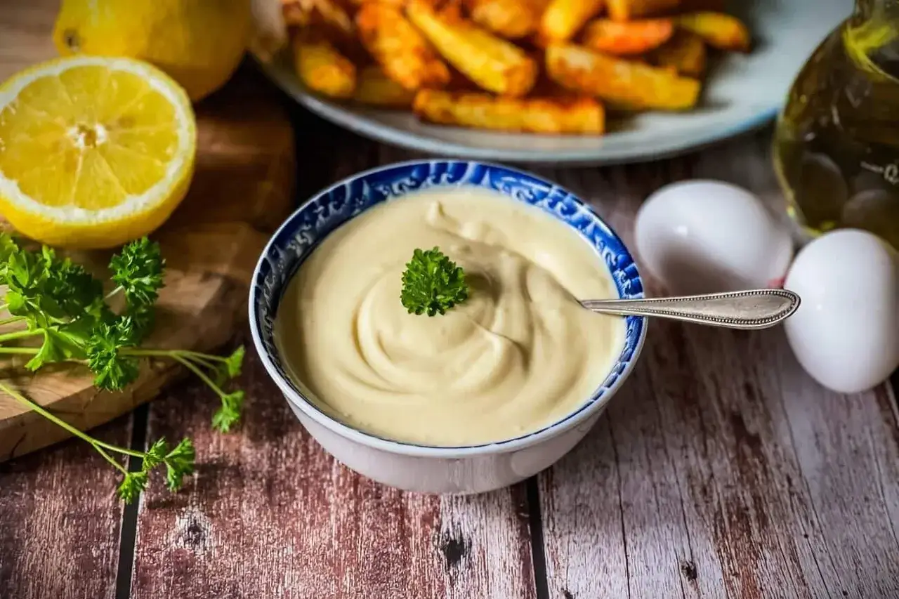 Cremige Mayonnaise, frisch zubereitet, mit Zitrone, Petersilie und Eiern. Perfekt zum Dippen von Pommes. Mayonnaise selber machen ist einfach!