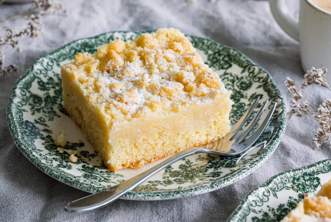 Ein Stück Streuselkuchen, wie von Oma nach DDR-Rezept, mit Puderzucker bestäubt, auf einem Teller mit grünem Muster.