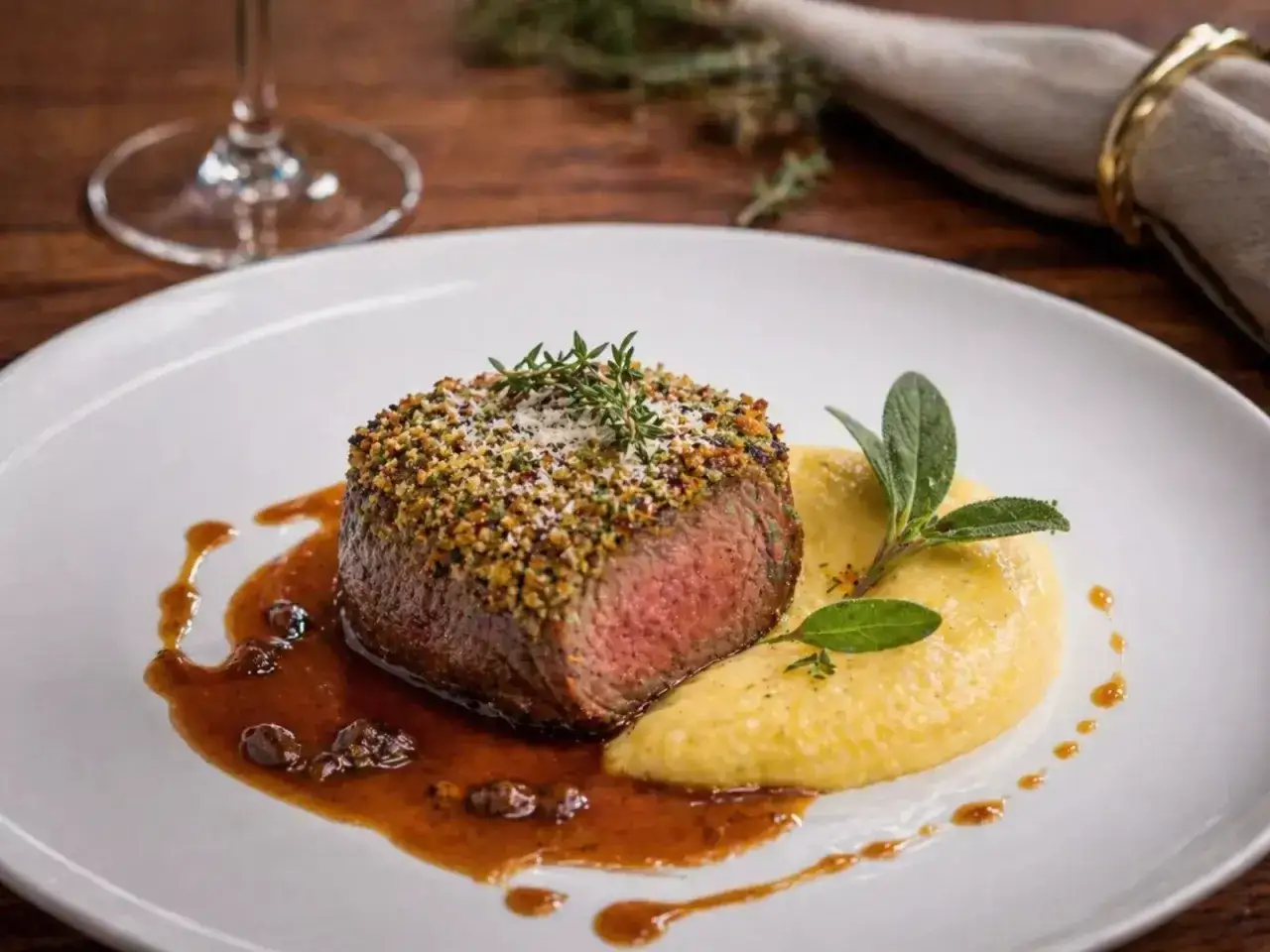 Ein perfekt gebratenes Steak mit knuspriger Kruste, serviert mit cremiger Polenta und einer köstlichen Sauce mit Fond aus dem Glas.